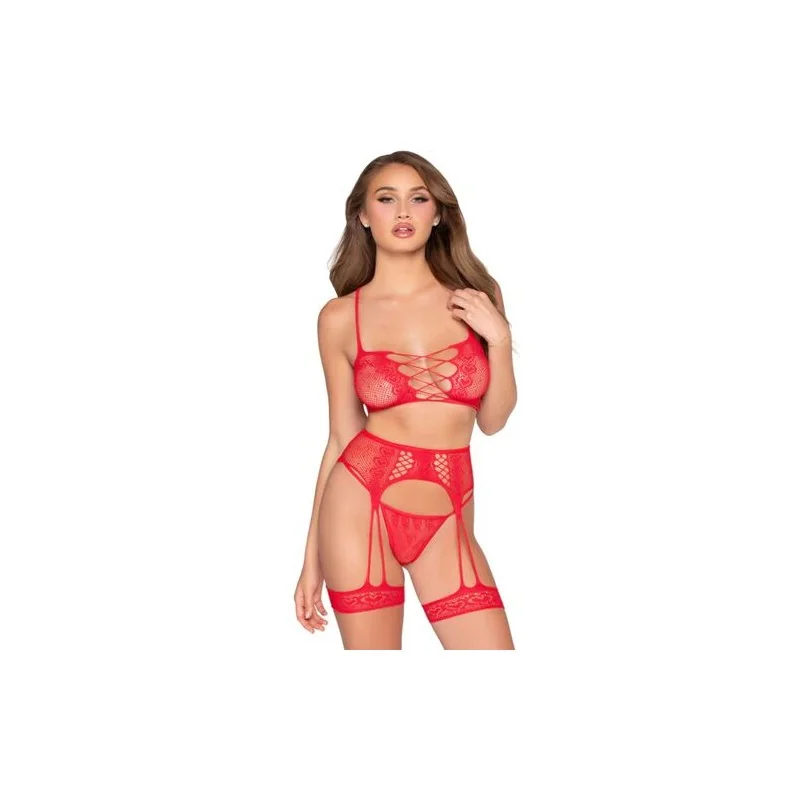 Leg Avenue - 89359 Conjunto Top + Tanga + Liga Vermelho - Tamanho Único