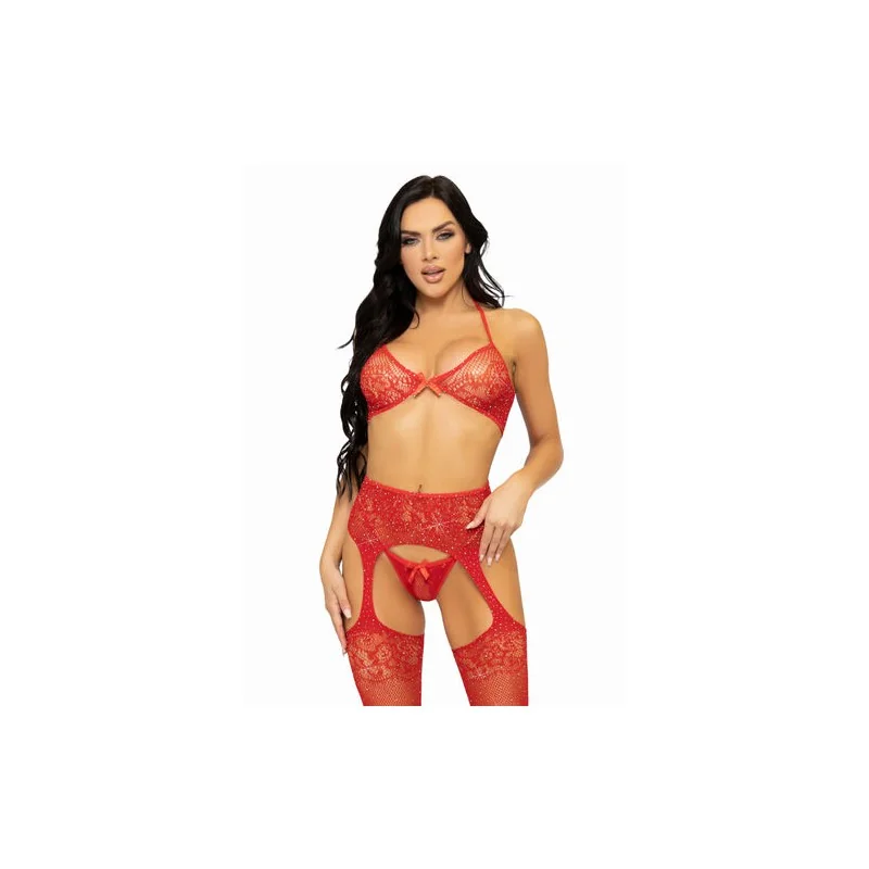 Leg Avenue - Conjunto Três Peças Sutiã, Cordo e Meia Tamanho Único - Vermelho