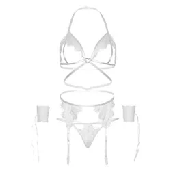 Leg Avenue - Conjunto De Quatro Peças Sutiã, G-String, Cinto-Liga e Punhos De Pulso Tamanho Único - Branco