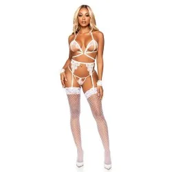Leg Avenue - Conjunto De Quatro Peças Sutiã, G-String, Cinto-Liga e Punhos De Pulso Tamanho Único - Branco