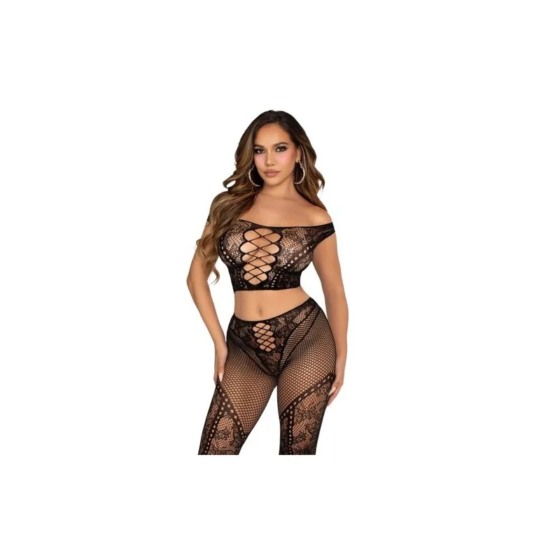 Leg Avenue - Top Crop E Legging De Rede Com Ombros À Frente Preto