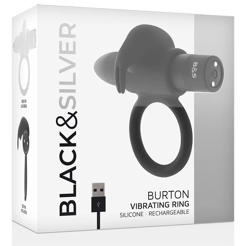 Black & Silver Burton Rechargeable Vibrating Ring 10V Black