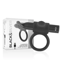 Black & Silver Cameron Rechargeable Vibrating Ring 10V Black