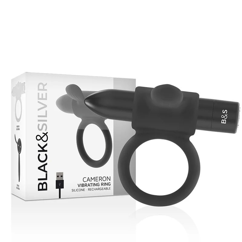 Black & Silver Cameron Rechargeable Vibrating Ring 10V Black